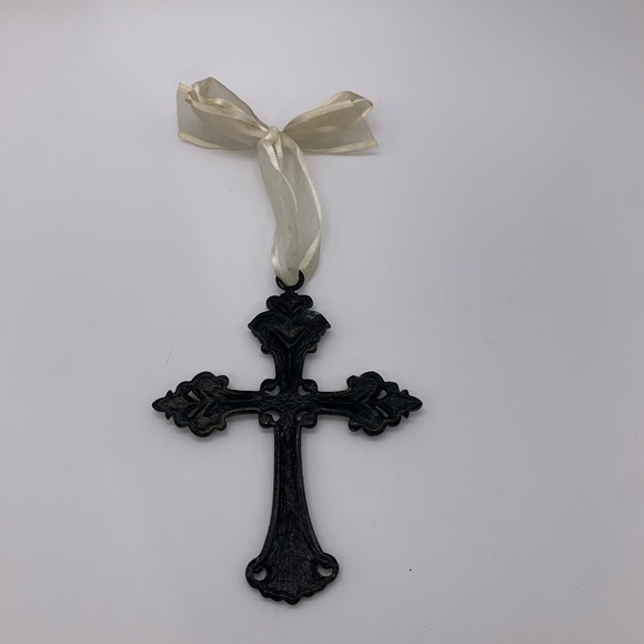 Vtg. Decorative Cream Beige Ornate Rhinestones & Pearl Metal Cross Ornament - Picture 7 of 8